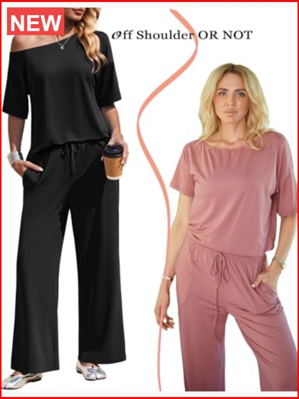 Off Shoulder Short Sleeve Top & Long Pants 2 Piece Set Lounge Sets for Women - Picture 2 of 7
